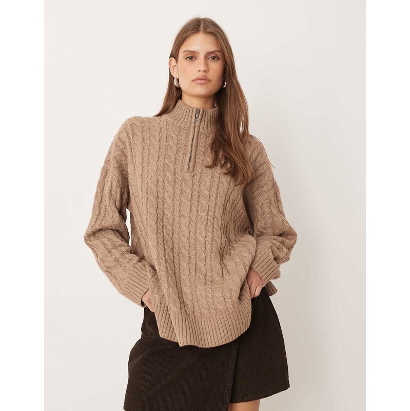 Pretty Lavish cable knit half zip neck jumper in neutral-Brown 109786993