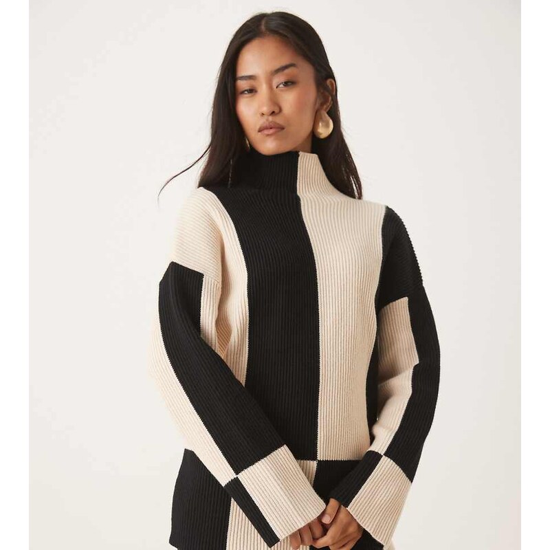 Pretty Lavish rib knit spliced high neck jumper in cream and