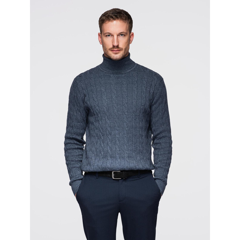 Ombre Mens turtleneck sweater with checkered weave - navy blue