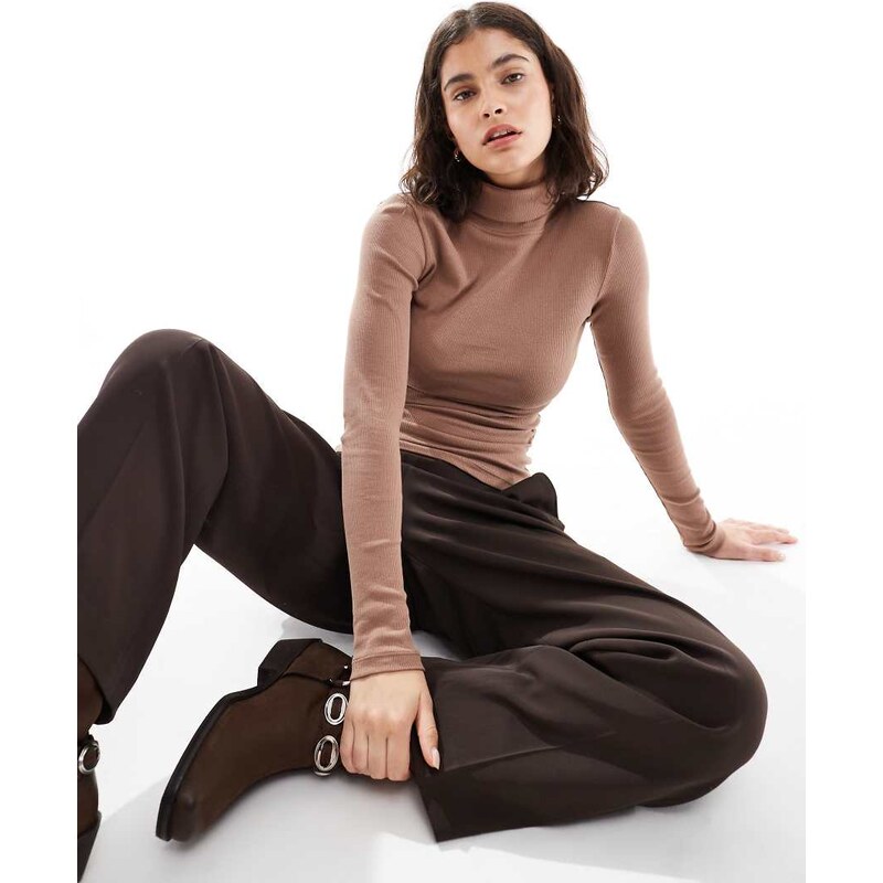 Brave Soul long sleeve ribbed rollneck top in tan-Brown 115513470