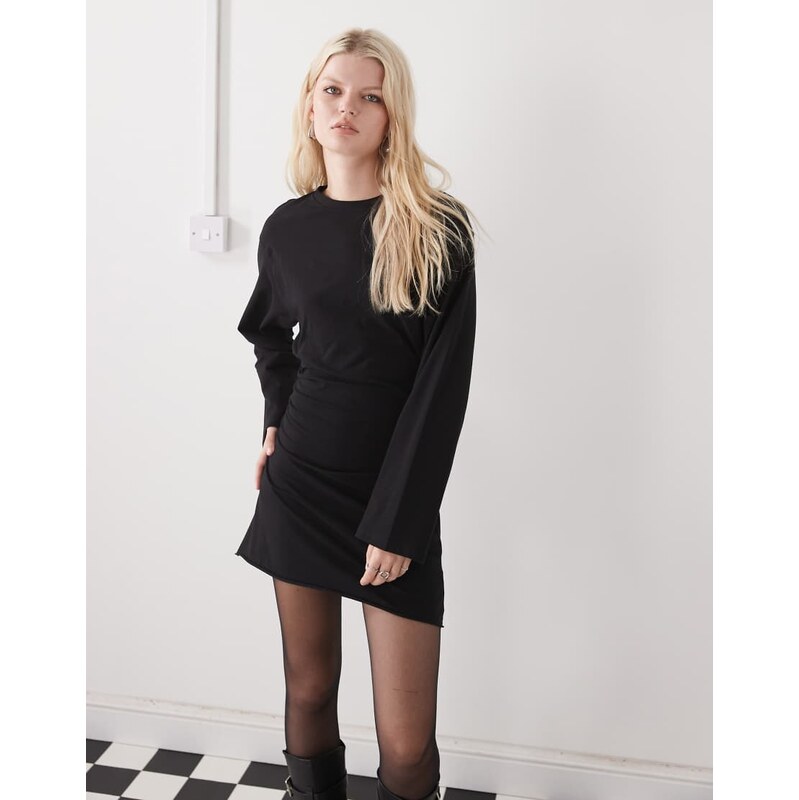 Weekday cinch waist long sleeve mini dress in black