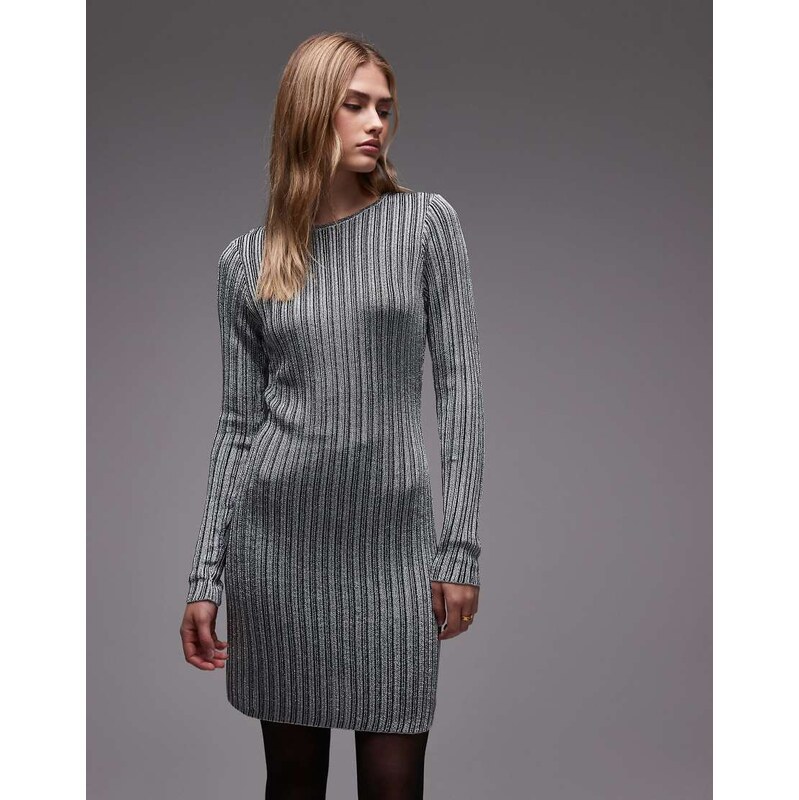 & Other Stories long sleeve rib jersey mini dress in black and silver 109790066