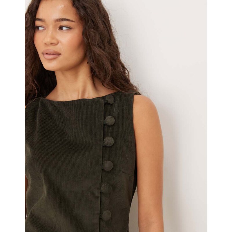 ASOS DESIGN cord slash neck mini dress with dropped waist and asymmetric buttons in dark green