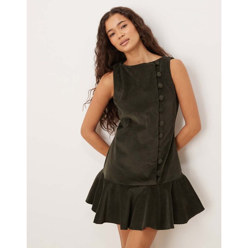 ASOS DESIGN cord slash neck mini dress with dropped waist and asymmetric buttons in dark green