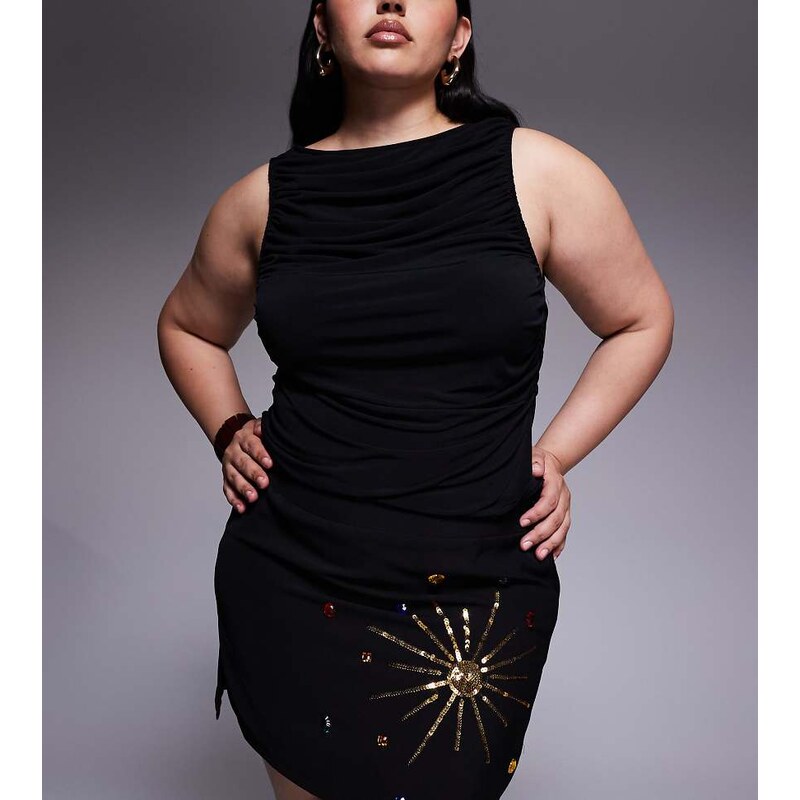 Renee Studio velvet side split celestial sequin & gem mini skirt
