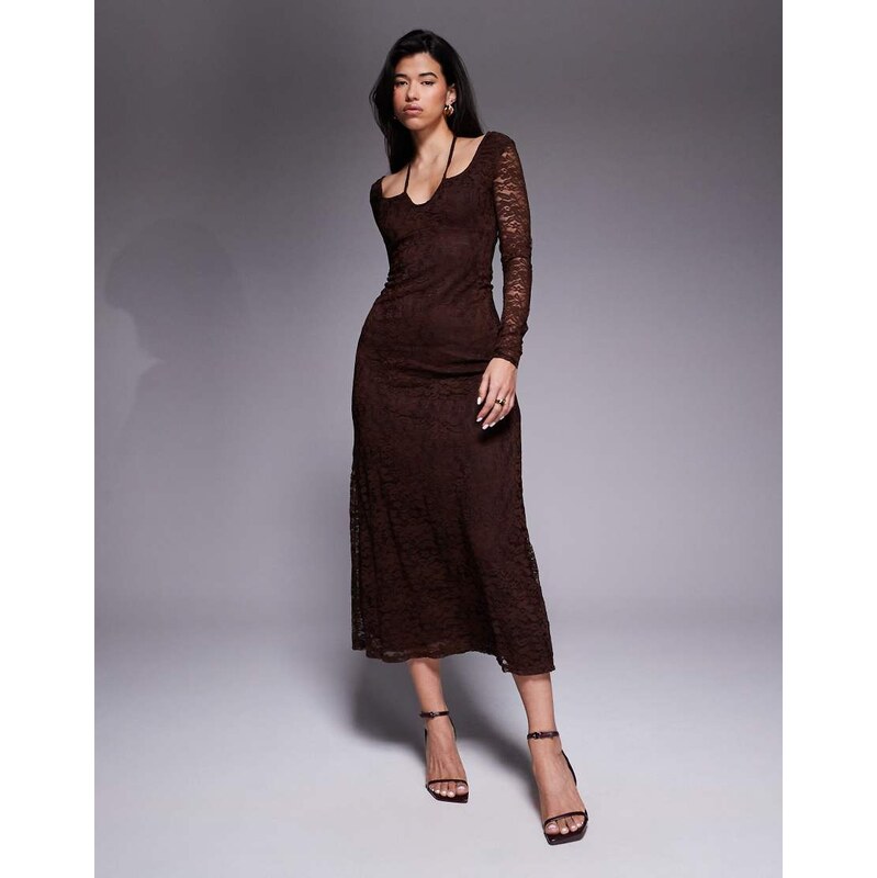 ASOS DESIGN lace long sleeve tie front midi dress in chocolate