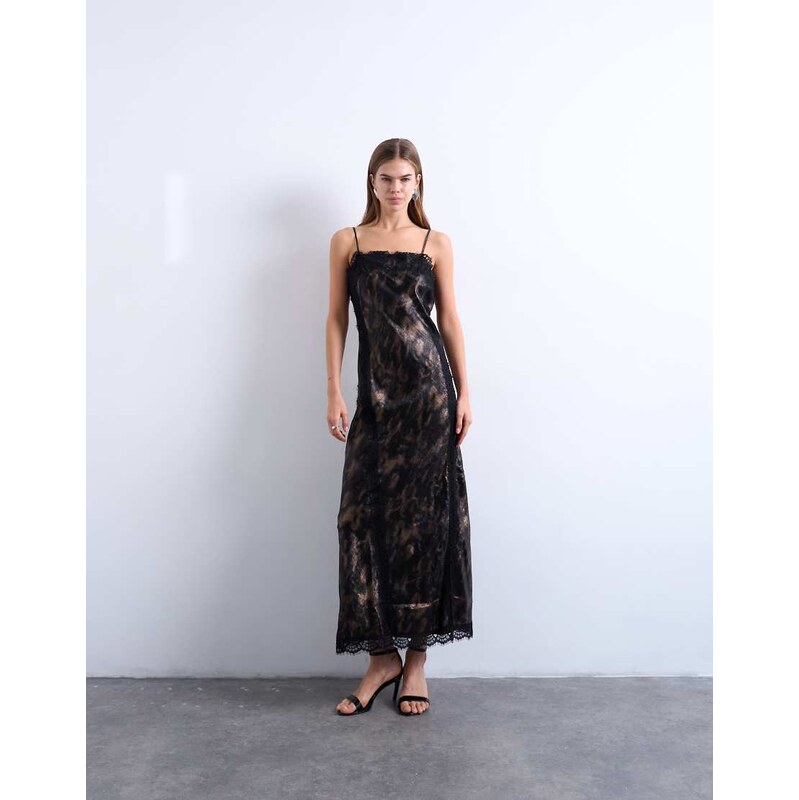 Topshop lace slip midi in metallic abstract print-Silver