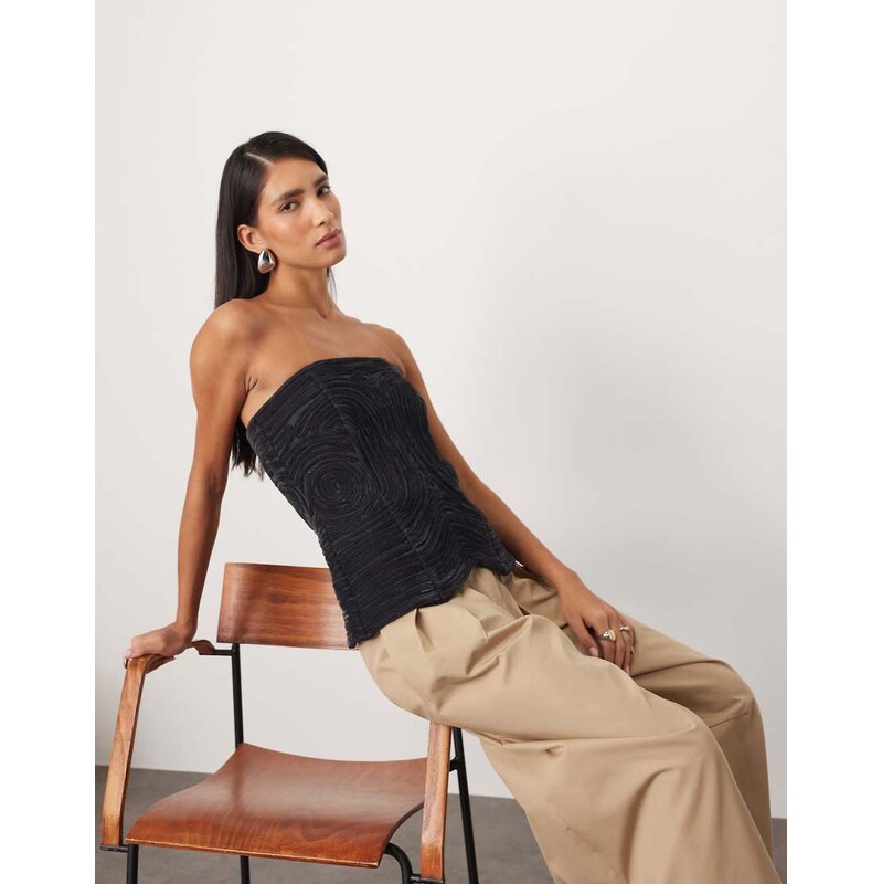 ARRANGE velvet rouleau embroidered bandeau top in petrol-Navy 109792988