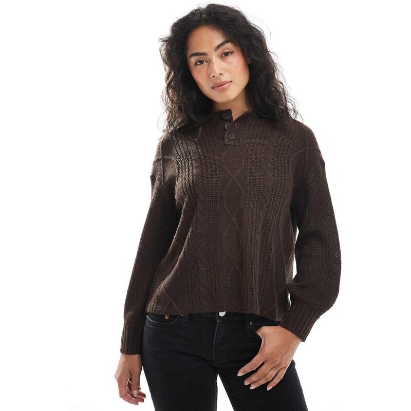 Wednesdays Girl cable knit polo jumper in brown