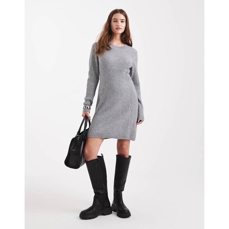 Vero Moda long sleeve knitted mini dress in medium grey melange