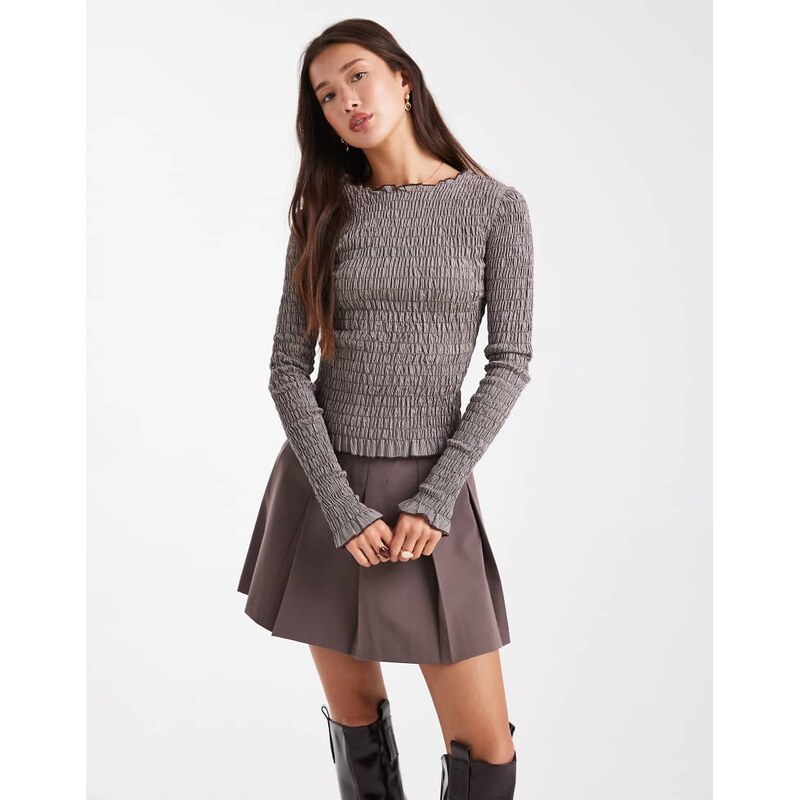 Daisy Street shirred long sleeve top in brown stripe