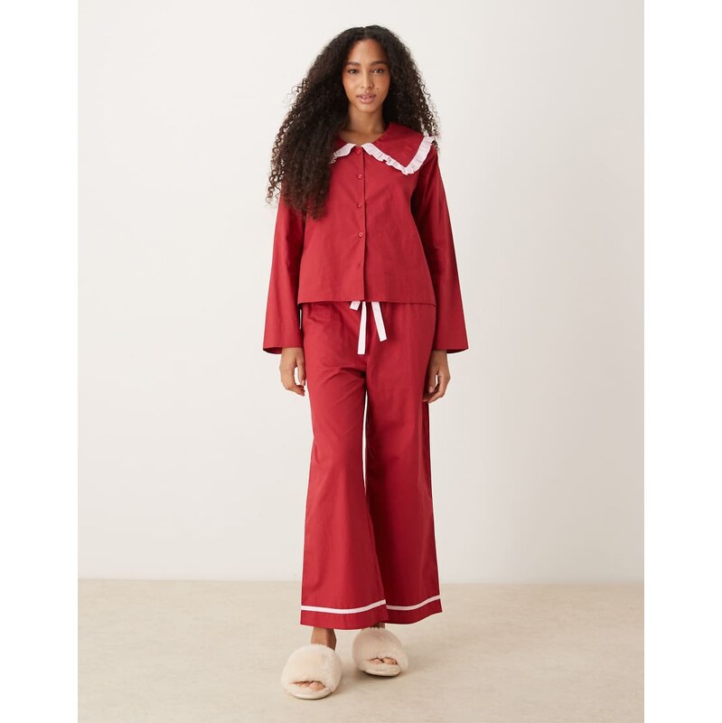 Glamorous ruffle pyjama shirt and trouser in red with pink
