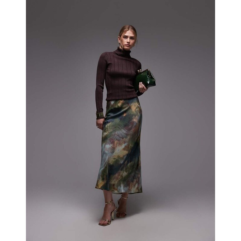 & Other Stories midi satin skirt in green multi neutral blur print 111082227