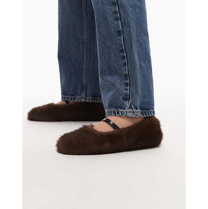 ARKET faux fur mary jane ballet flats in dark brown