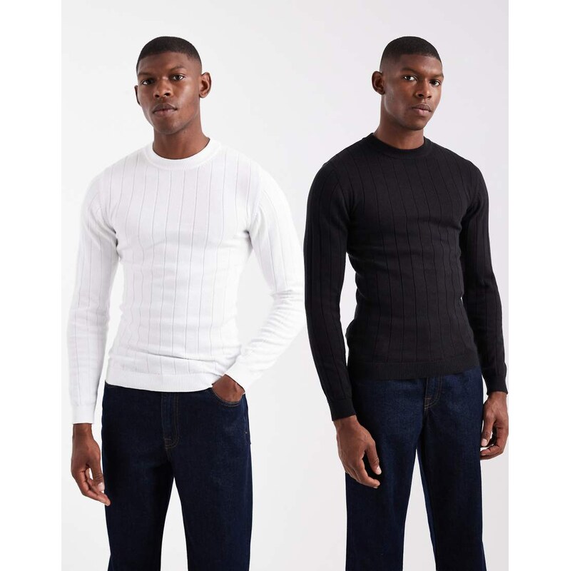 ASOS DESIGN 2 pack muscle fit knitted rib t-shirts in black and off 109793085
