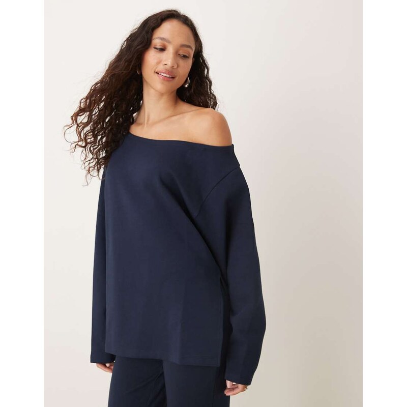 ASOS DESIGN oversized off shoulder interlock sweatshirt in navy 109820569