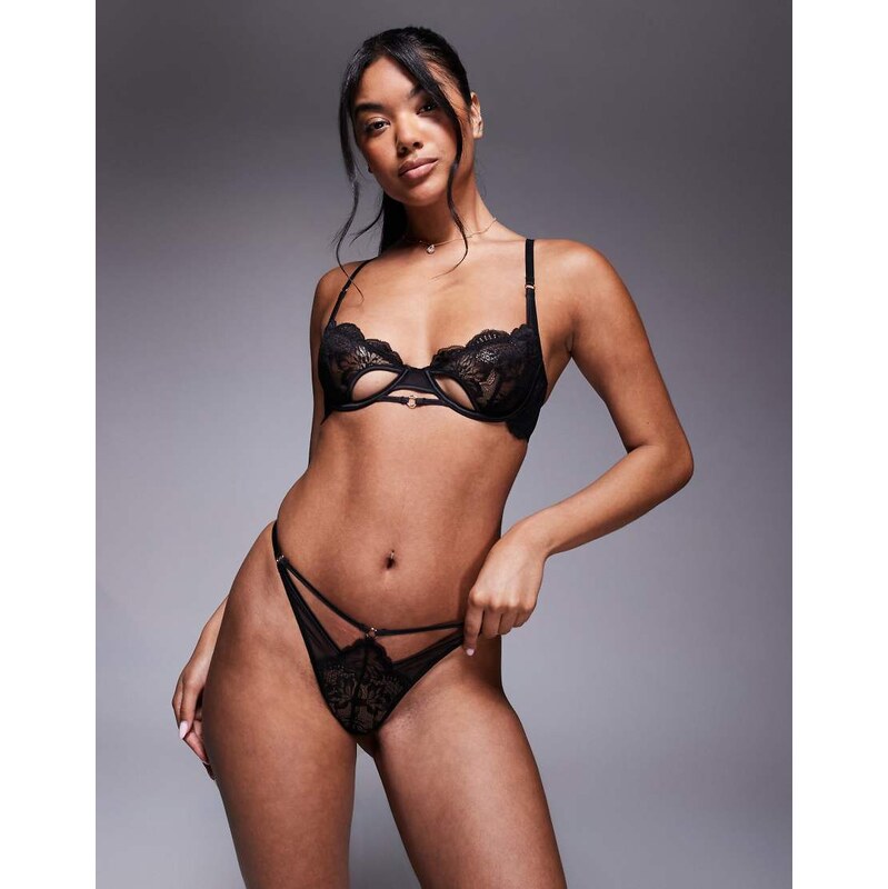 ASOS DESIGN Anika lace & mesh cut out tanga thong with ring details in 110827414
