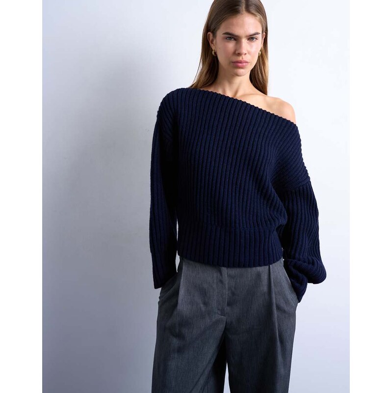 Topshop knitted slash neck jumper in navy 113667438