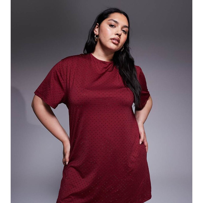 Renee Studio allover hotfix mini t-shirt dress in burgundy-Red 115514629