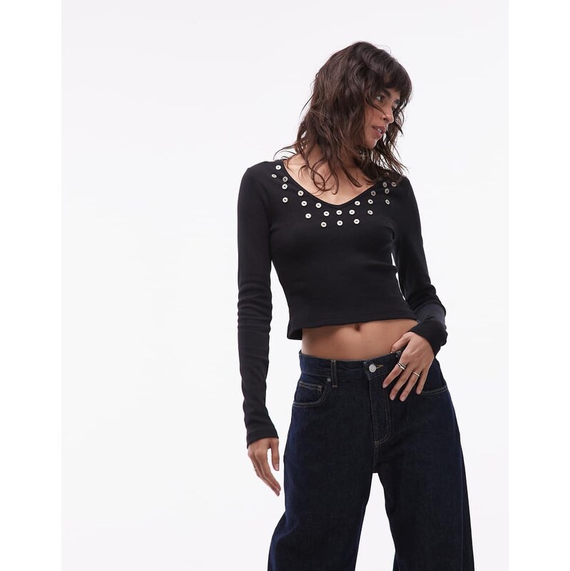 ASOS DESIGN brushed rib scoop neck long sleeve top with button