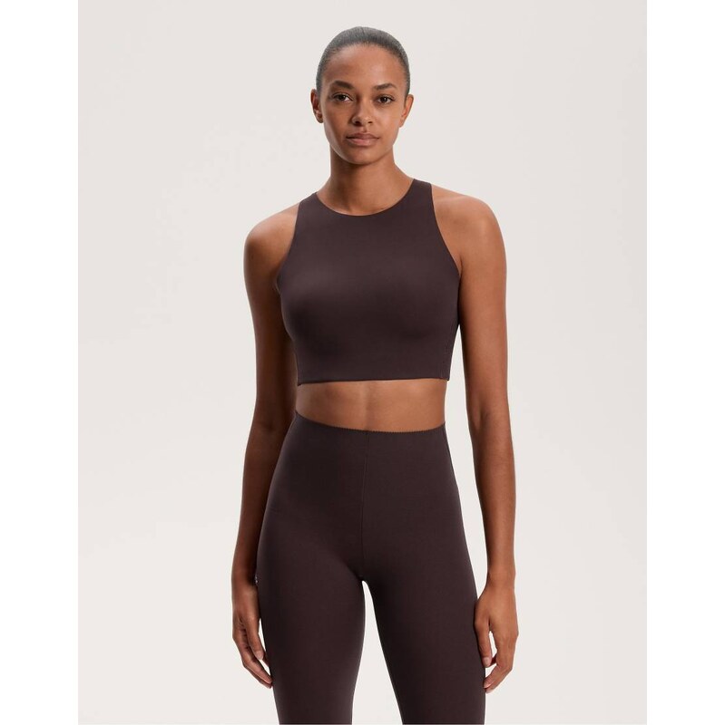OYSHO Light touch medium-support sports bra in dark brown 109821404