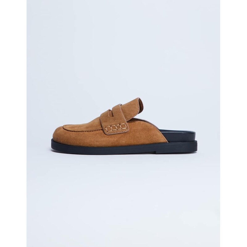 Topshop Addie real suede mule loafer in tan-Brown