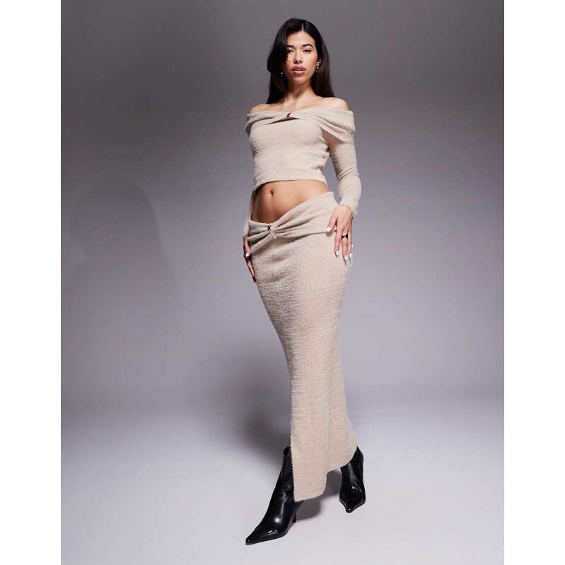 Aria Cove fluffy knit metal detail foldover maxi skirt co-ord in beige 109820542