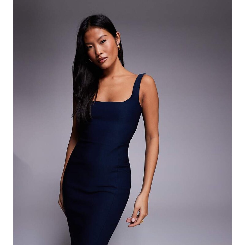 Vesper Petite bengaline sleeveless square neck fishtail midi dress in 115517298