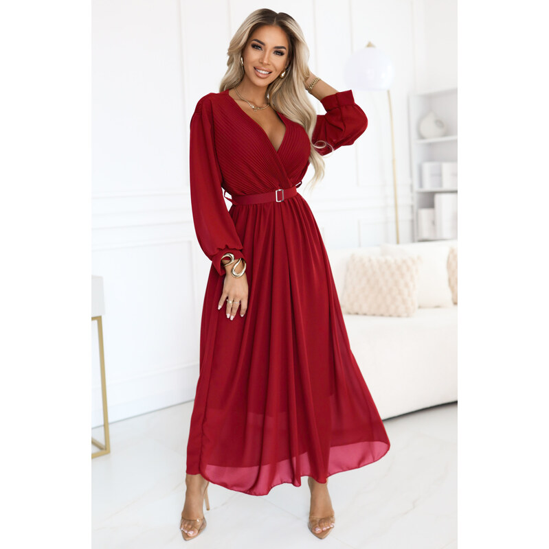 numoco basic 639-1 Elegantní plisované maxi šaty s páskem a