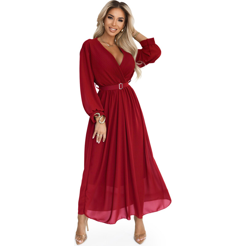 model 21729082 Elegantní plisované maxi šaty s páskem a