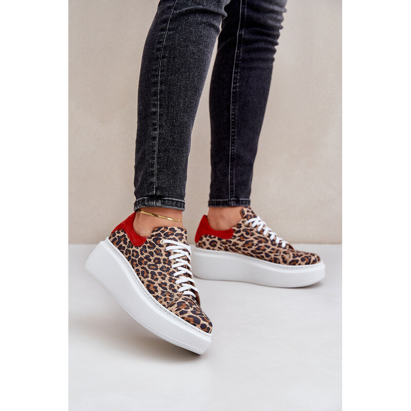 Kožené sneakerky na platformě s leopardím vzorem Zazoo 3346 hnědo 109813494
