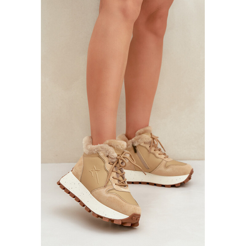 Big Star Shoes Kožené Sneakersy Trapery Dámské S Kožíškem Na