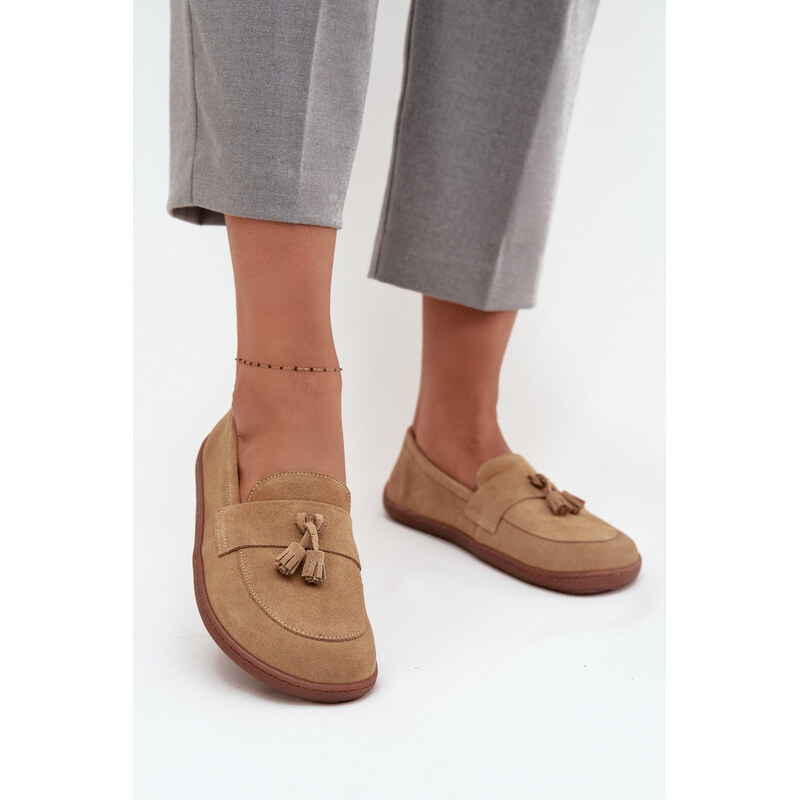 Kožené semišové mokasiny typu barefoot Zazoo 322 béžové
