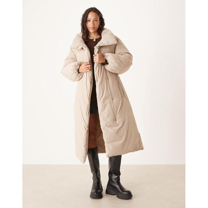 ASOS DESIGN funnel neck longline puffer jacket in stone-Neutral