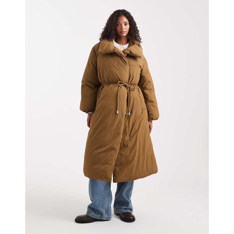 ASOS DESIGN funnel neck longline puffer jacket in Olive-Brown