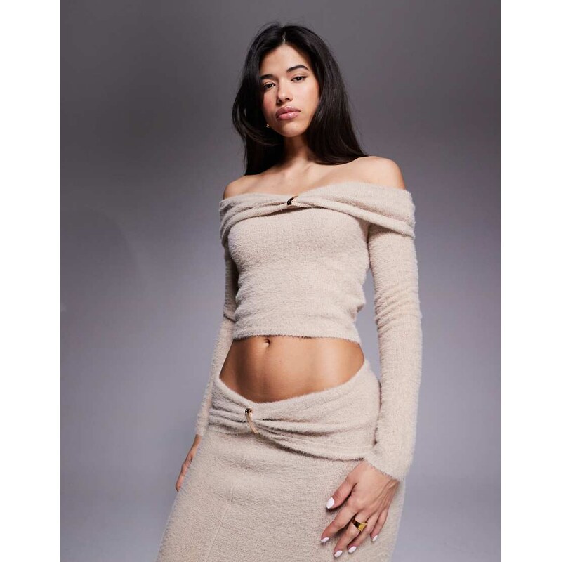 Aria Cove fluffy knit bardot metal detail jumper co-ord in beige 109820543