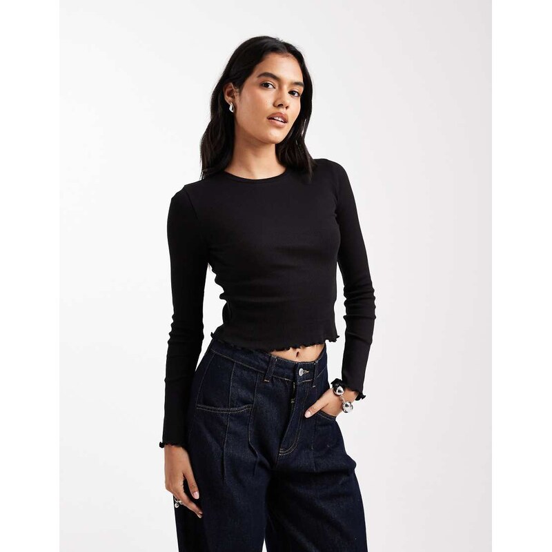 Brave Soul cotton long sleeve t-shirt with lettuce hem in black