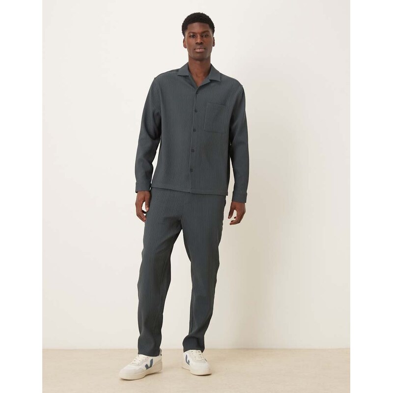 ASOS DESIGN co-ord relaxed revere plisse shirt in grey