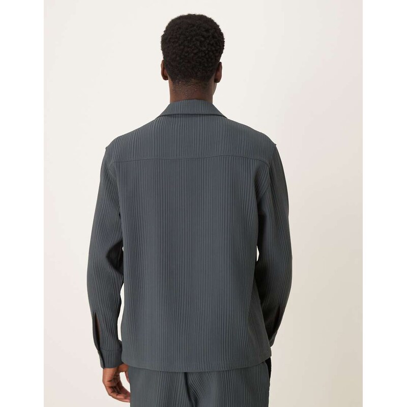 ASOS DESIGN co-ord relaxed revere plisse shirt in grey
