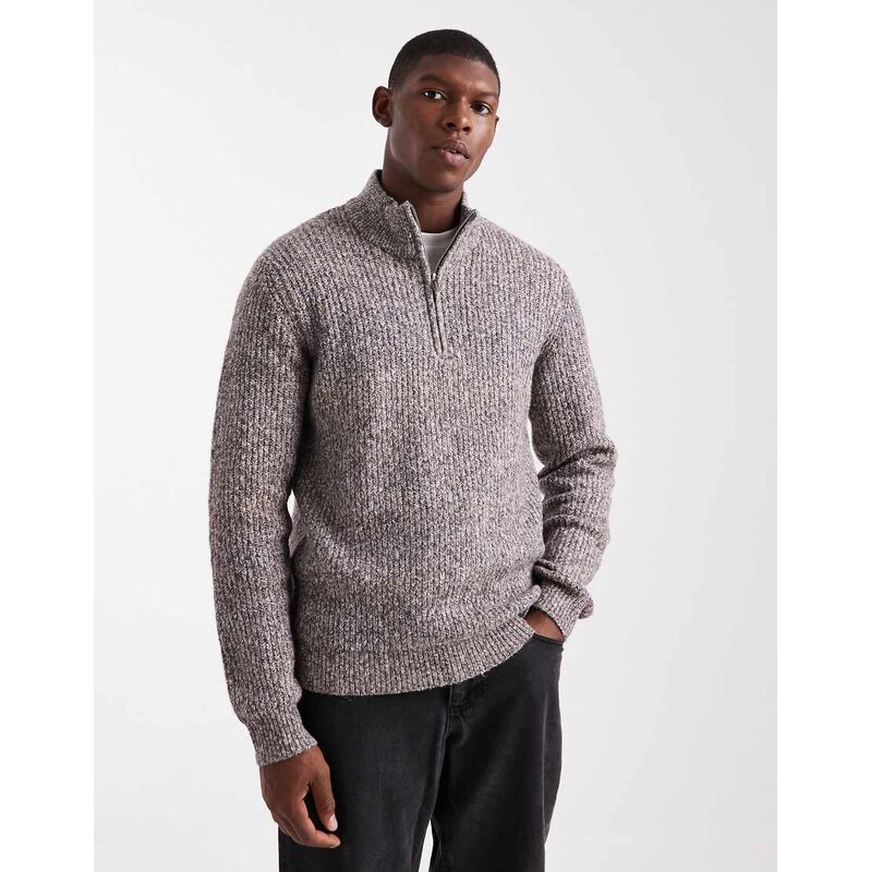 Threadbare 1/4 zip knitted jumper in brown