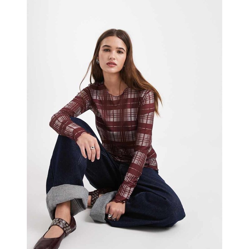 Object mesh long sleeve top in burgundy check print-Red 113263526