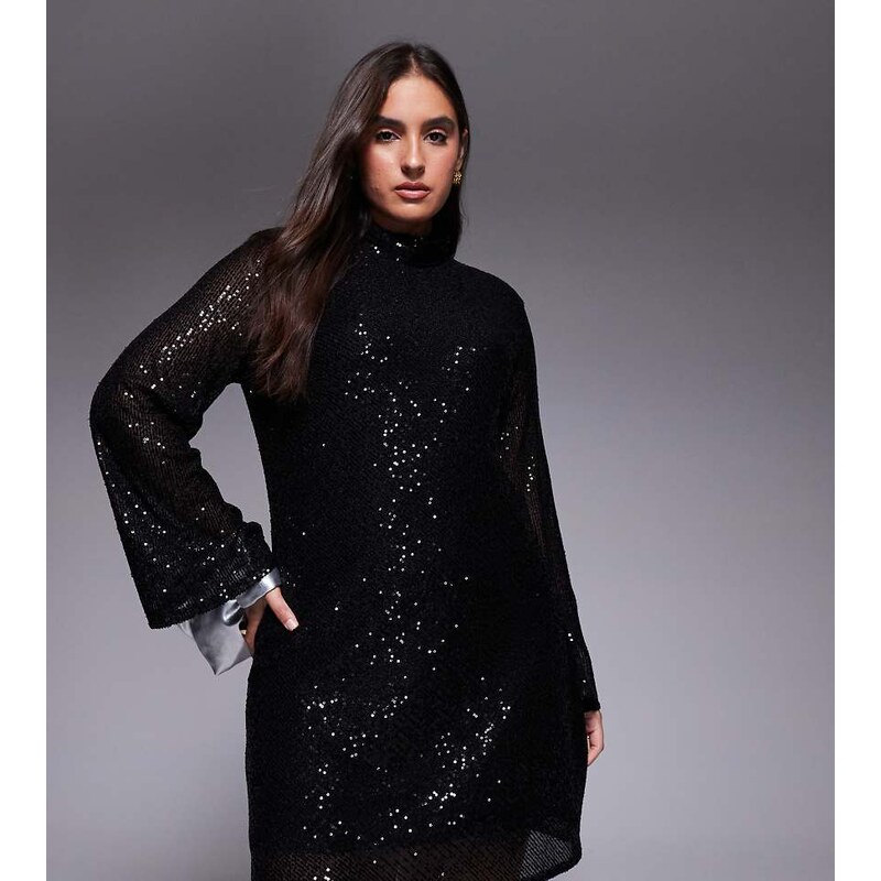 Jaded Rose Plus high neck cowl back sequin mini dress in black 115515017