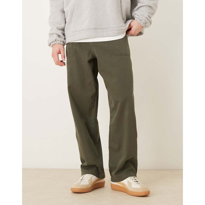 ASOS DESIGN loose straight herringbone trousers in green