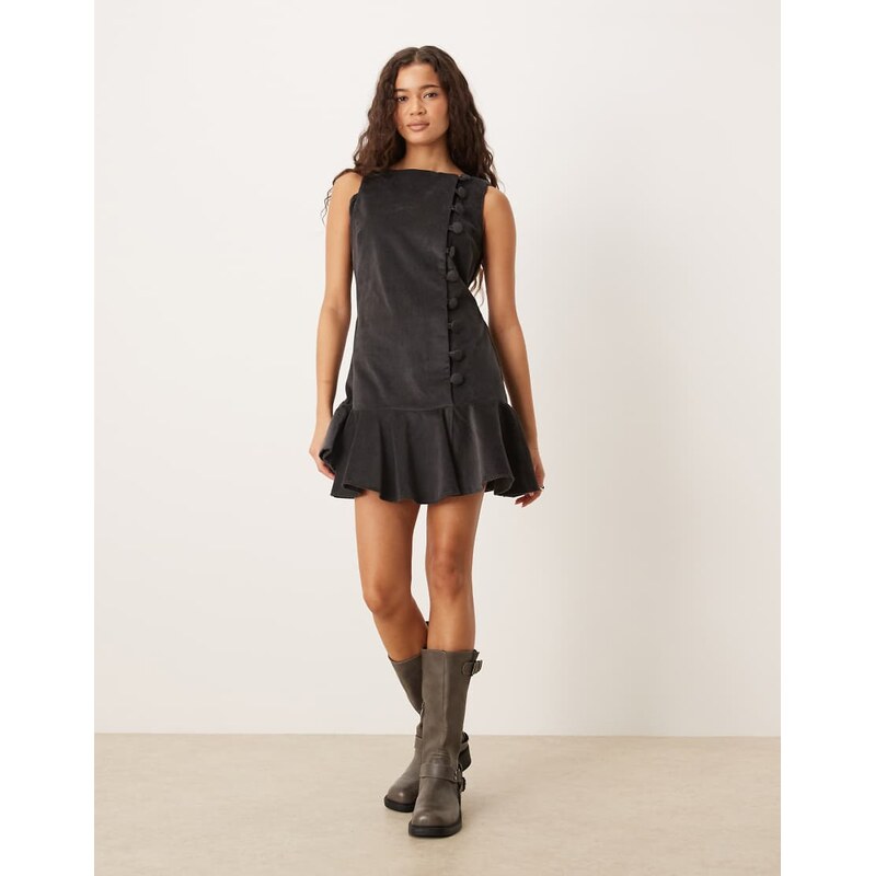 ASOS DESIGN cord slash neck mini dress with dropped waist and