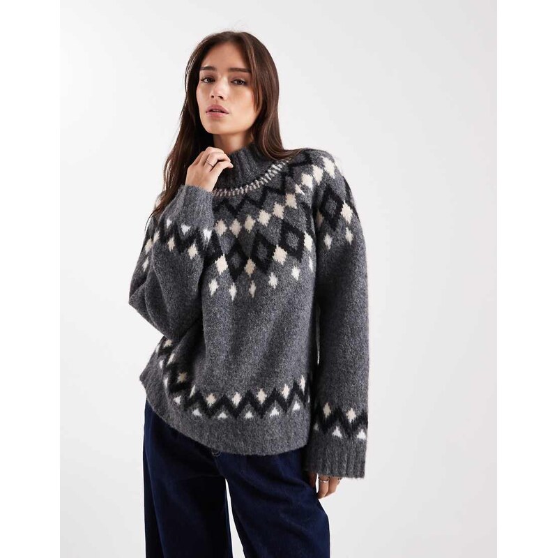 ASOS DESIGN fairisle funnel neck jumper in grey
