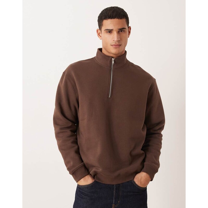 ASOS DESIGN essentials relaxed fit quarter zip in brown
