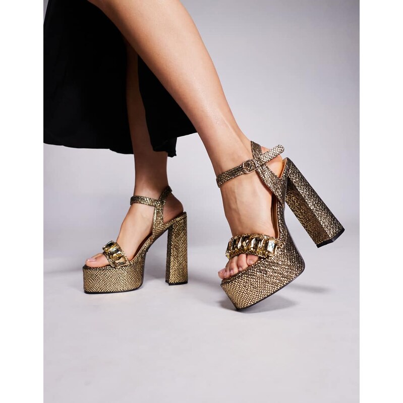 Azalea Wang Kamilla chunky embellished platform heels in gold 112208348