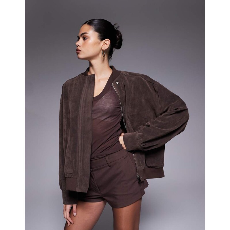 Kaiia exclusive faux suede bomber jacket in chocolate brown