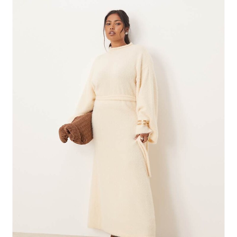 Pretty Lavish Curve fluffy tie waist knitted midaxi jumper dress in 110432641