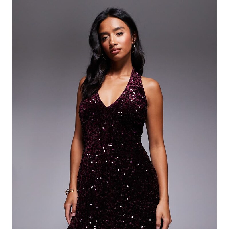 Forever New Petite structured sequin and velvet mix halter neck